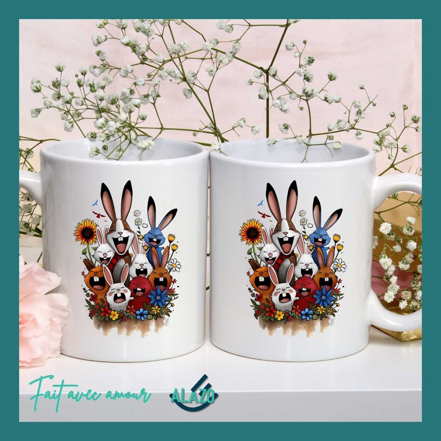 Mug Lapins Rigolos & Fleurs Colorées – Design Fun et Original