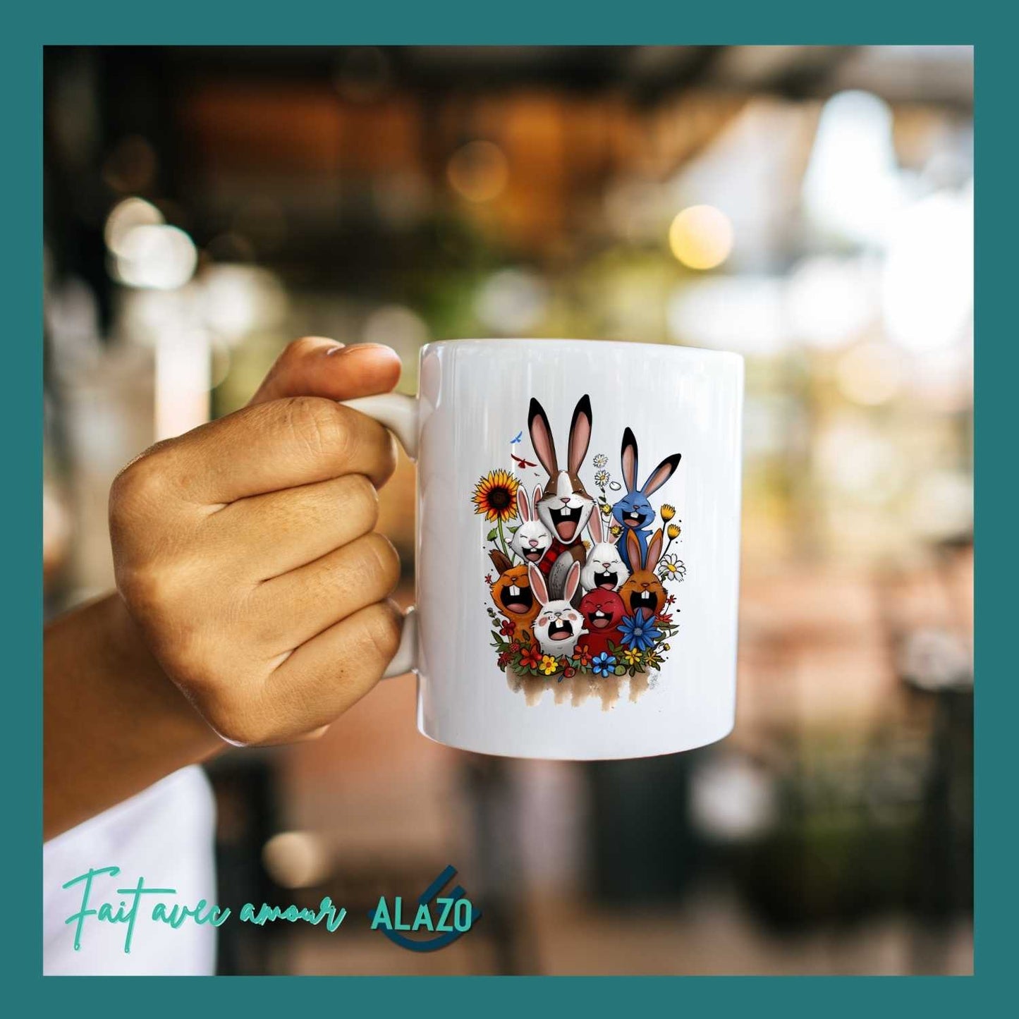 Mug Lapins Rigolos & Fleurs Colorées – Design Fun et Original