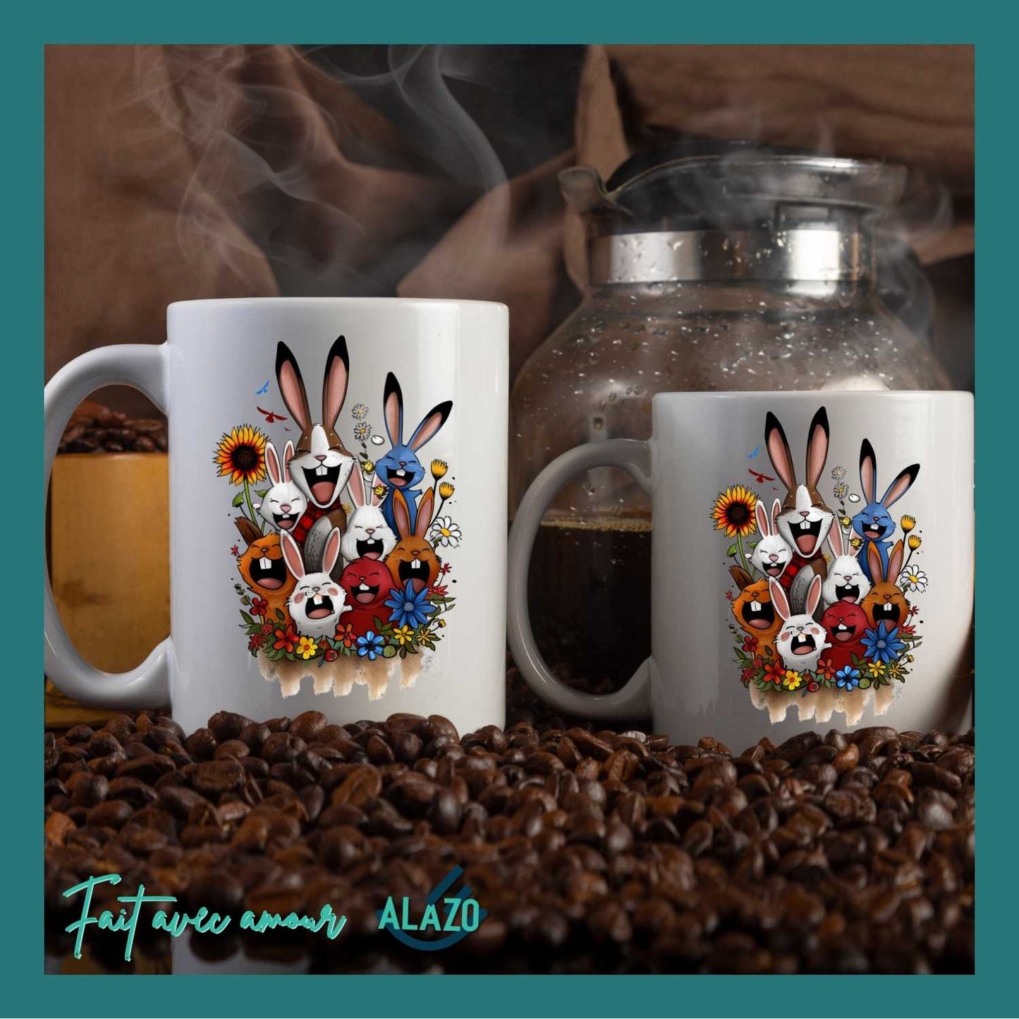 Mug Lapins Rigolos & Fleurs Colorées – Design Fun et Original