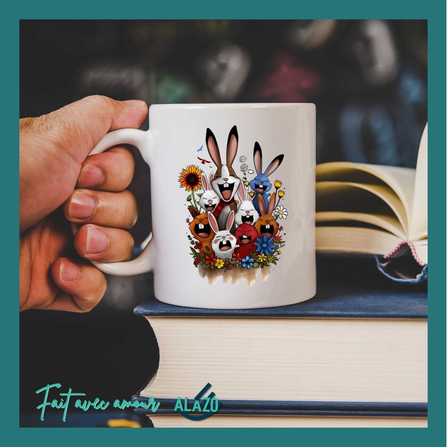 Mug Lapins Rigolos & Fleurs Colorées – Design Fun et Original