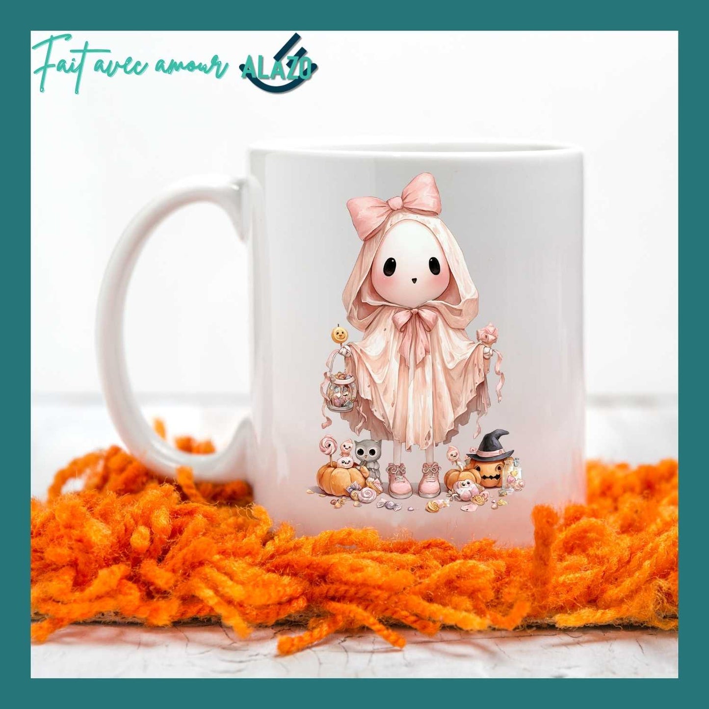 Mug Fantôme Pastel avec Citrouilles avec chapeau – Spécial Halloween