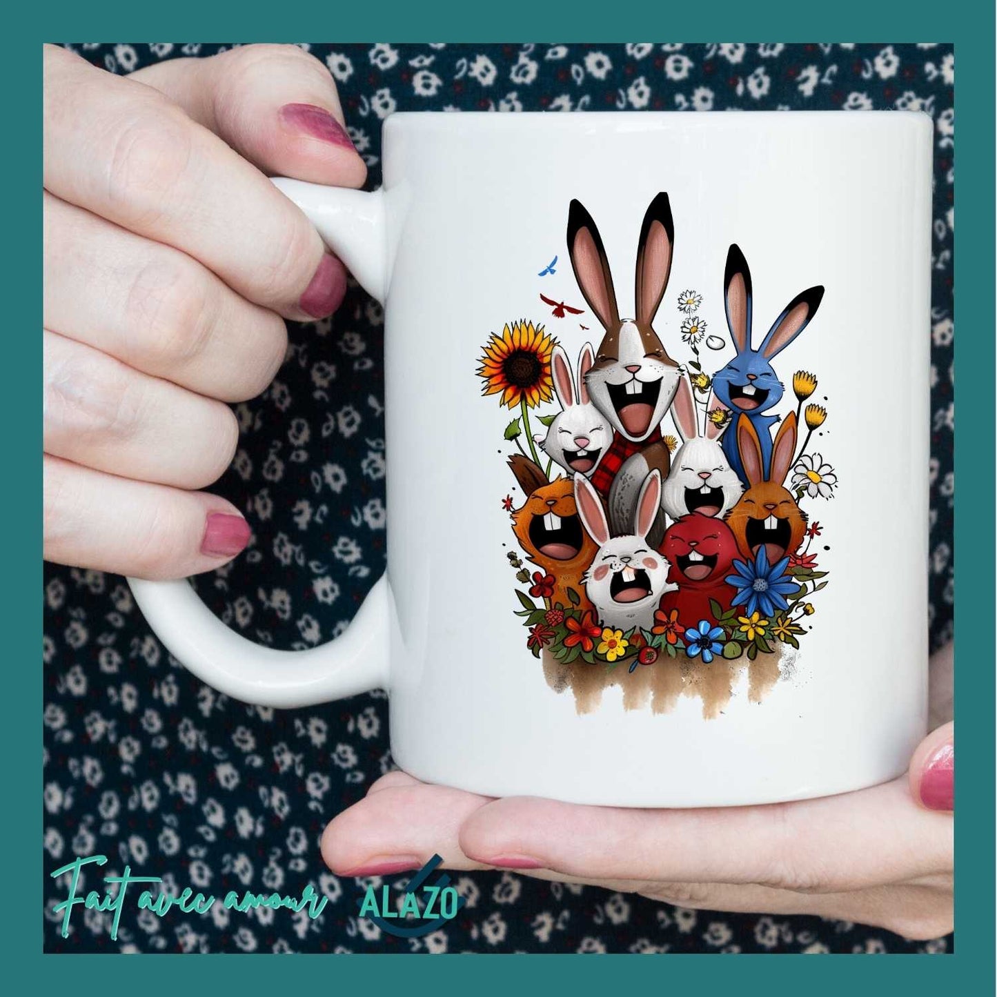 Mug Lapins Rigolos & Fleurs Colorées – Design Fun et Original