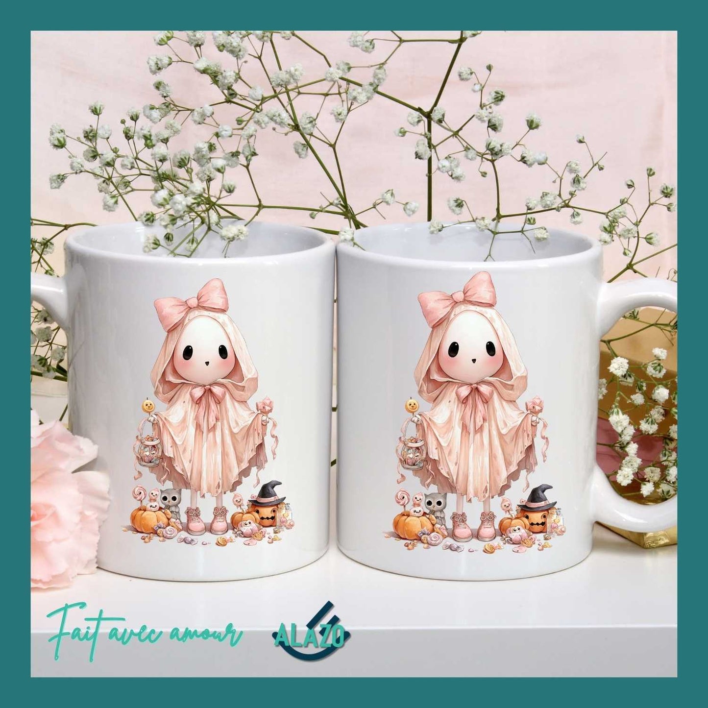 Mug Fantôme Pastel avec Citrouilles avec chapeau – Spécial Halloween