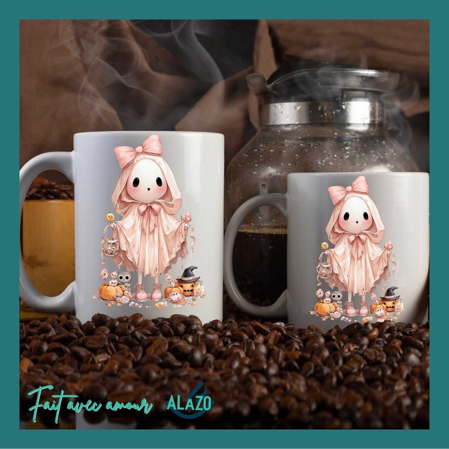 Mug Fantôme Pastel avec Citrouilles avec chapeau – Spécial Halloween