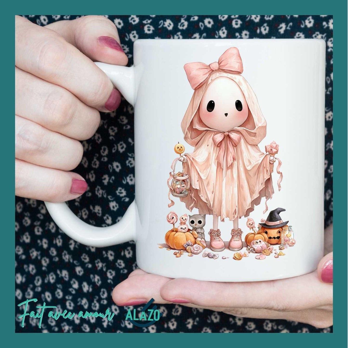 Mug Fantôme Pastel avec Citrouilles avec chapeau – Spécial Halloween