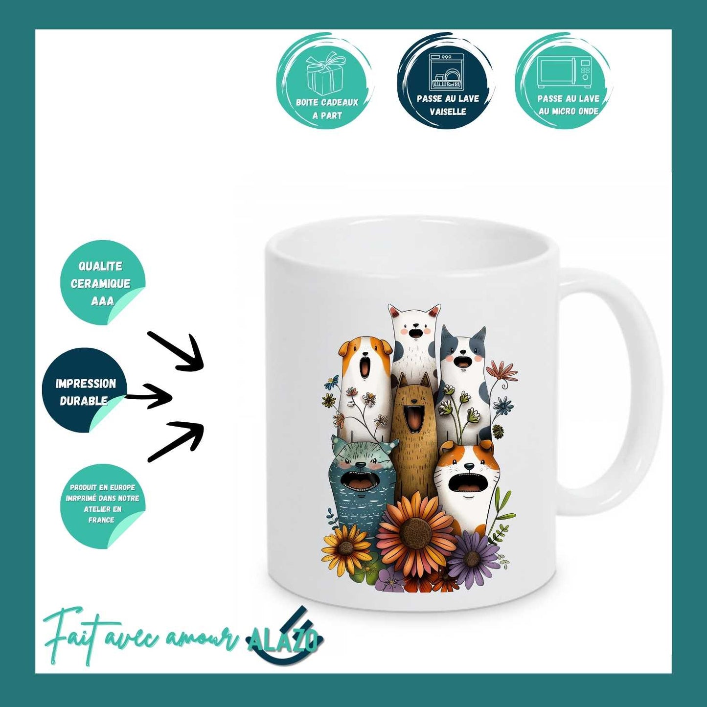 Mug Chiens et Chats Fleuries – Édition Bohème