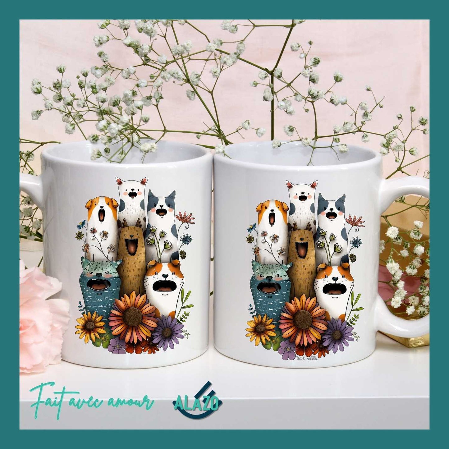 Mug Chiens et Chats Fleuries – Édition Bohème