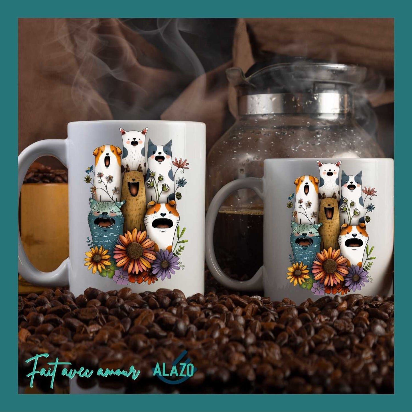 Mug Chiens et Chats Fleuries – Édition Bohème