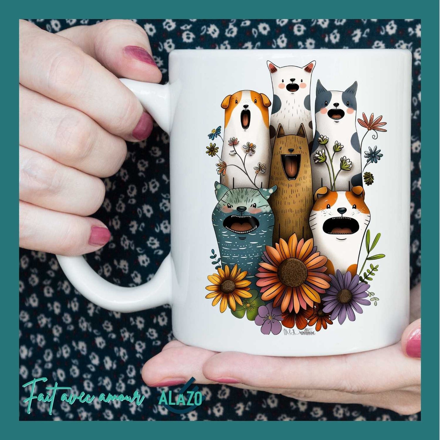 Mug Chiens et Chats Fleuries – Édition Bohème