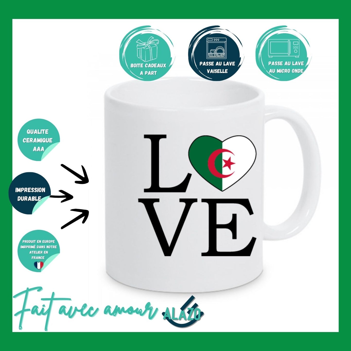 Mug LOVE Algérie, Cadeau Pour Algérien, Tasse Algérie, Souvenir d'Algérie, Tasse Café, Idée Cadeau Algérie