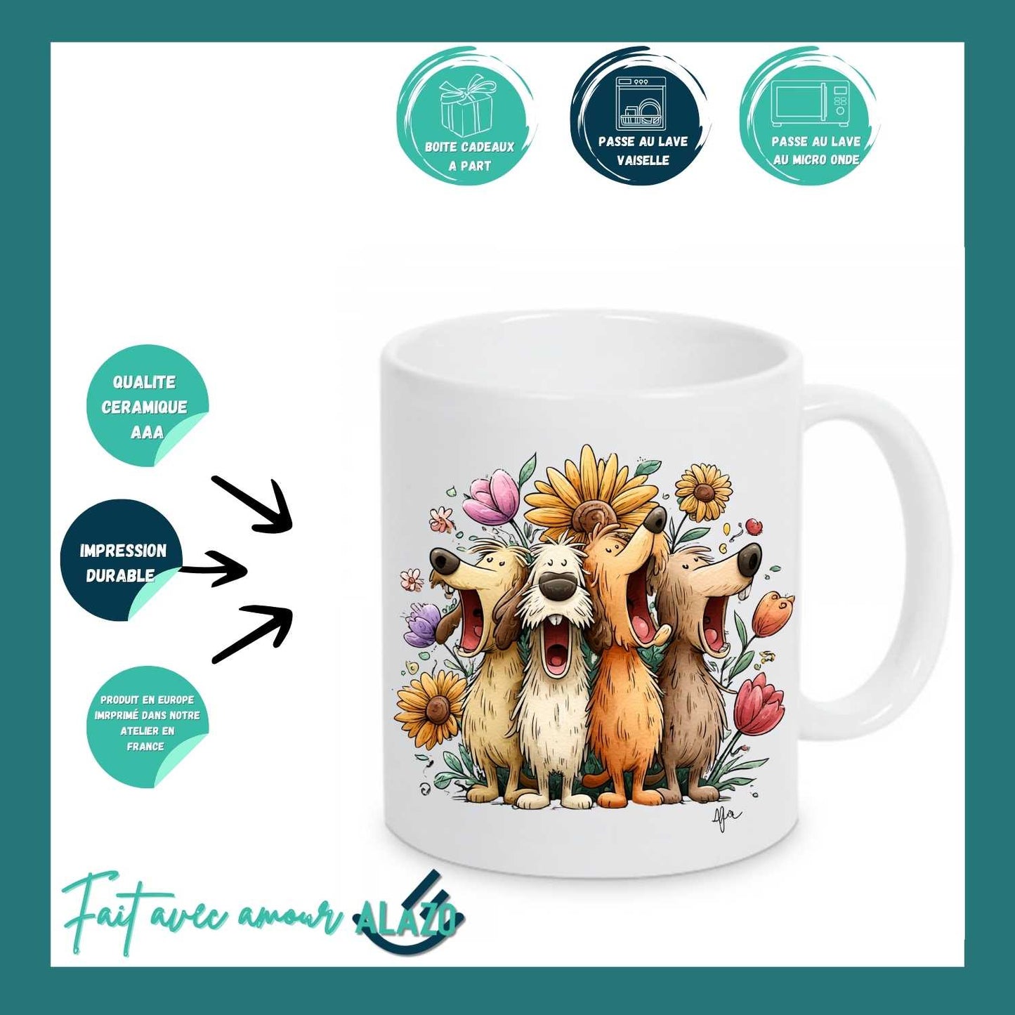 Mug Chiens Joyeux & Fleurs – Compagnons Rigolos