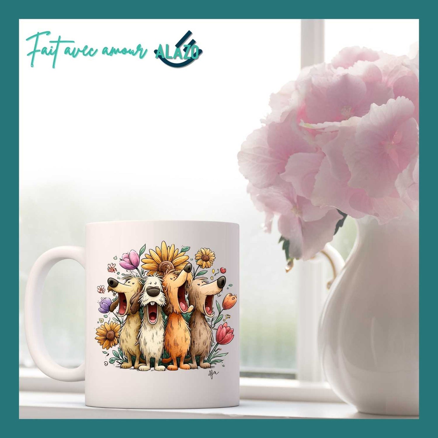 Mug Chiens Joyeux & Fleurs – Compagnons Rigolos