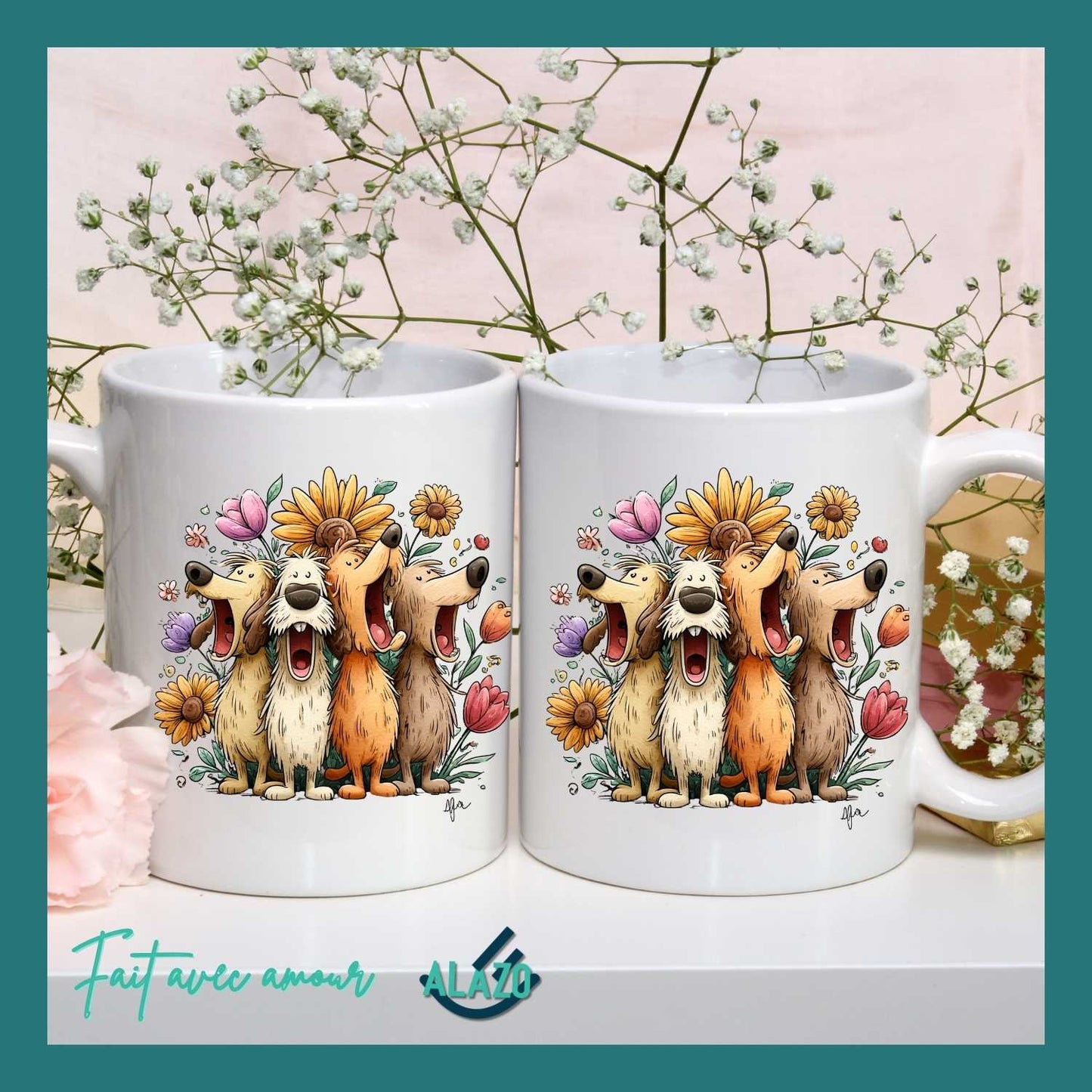 Mug Chiens Joyeux & Fleurs – Compagnons Rigolos