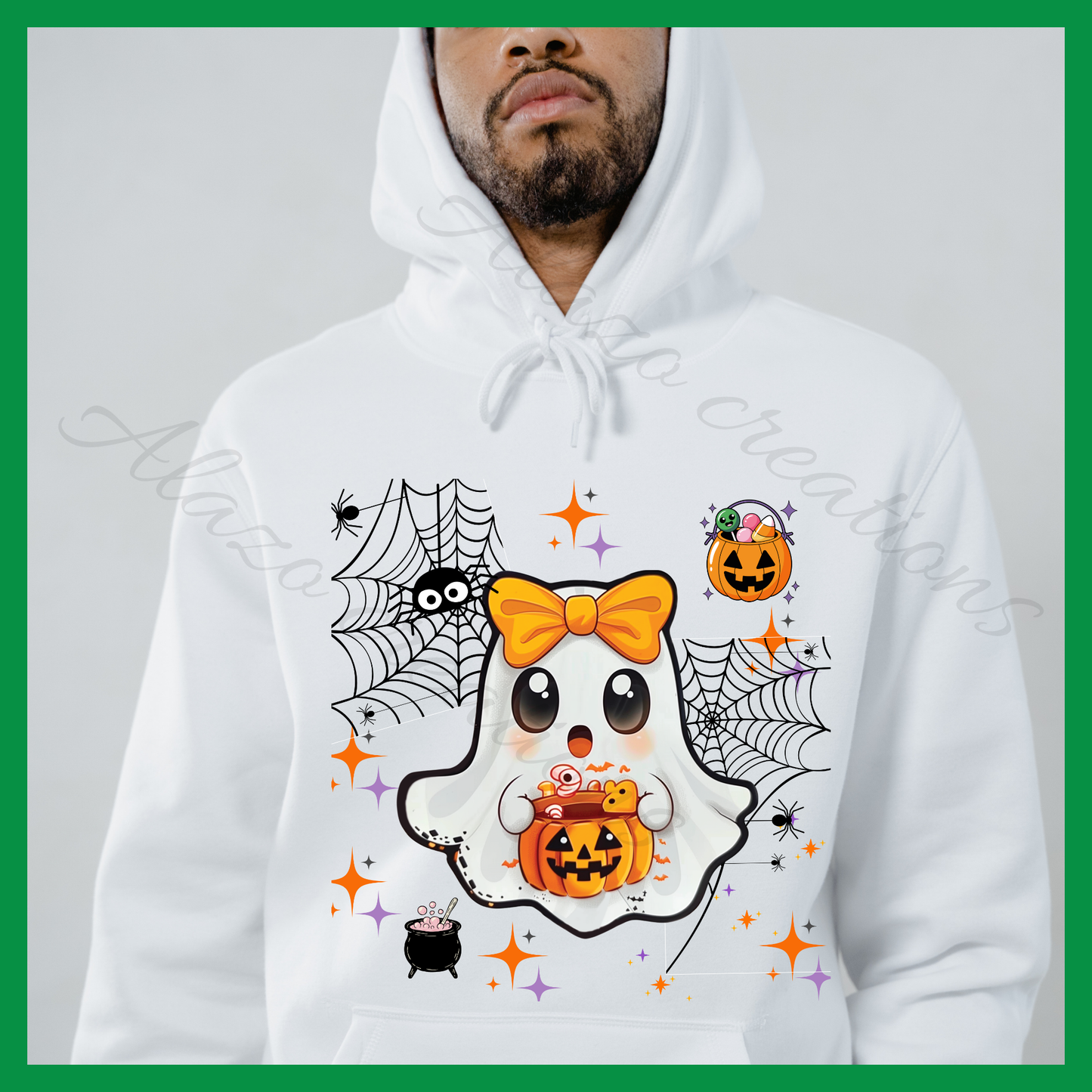 Clipart Fantôme Halloween Kawaii – PNG & SVG Orange – Citrouille & Bonbons