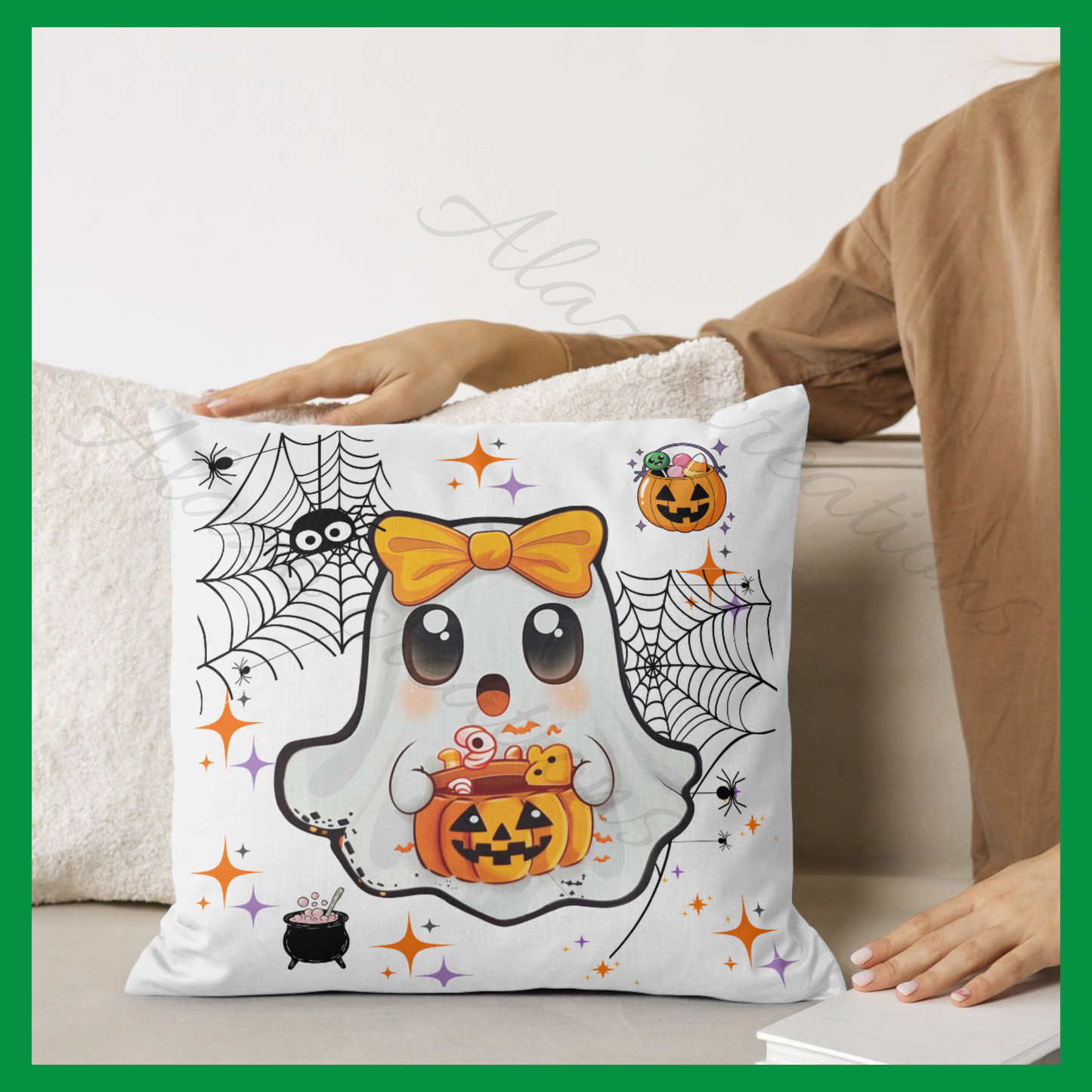 Clipart Fantôme Halloween Kawaii – PNG & SVG Orange – Citrouille & Bonbons