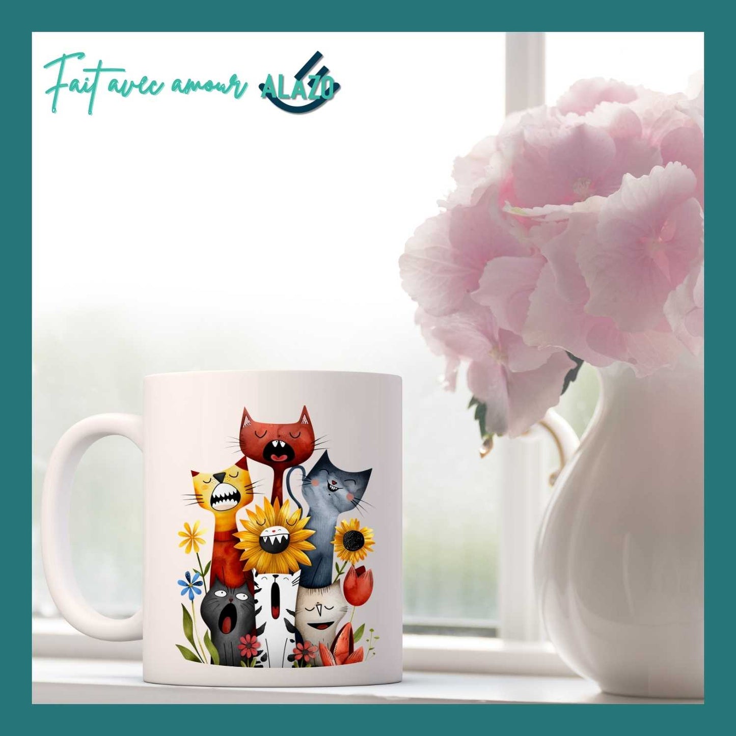 Mug Chats Rigolos et Fleurs – Design Coloré et Original