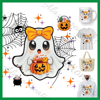 Clipart Fantôme Halloween Kawaii – PNG & SVG Orange – Citrouille & Bonbons