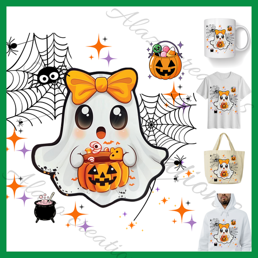 Clipart Fantôme Halloween Kawaii – PNG & SVG Orange – Citrouille & Bonbons