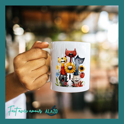 Mug Chats Rigolos et Fleurs – Design Coloré et Original