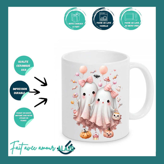 Mug Duo de Fantômes Kawaii avec Nœuds Roses