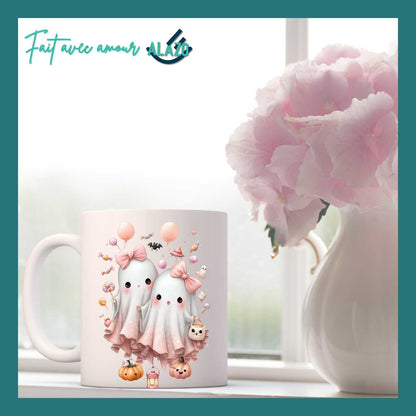 Mug Duo de Fantômes Kawaii avec Nœuds Roses