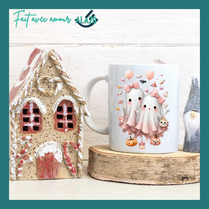 Mug Duo de Fantômes Kawaii avec Nœuds Roses