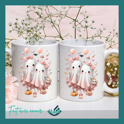 Mug Duo de Fantômes Kawaii avec Nœuds Roses