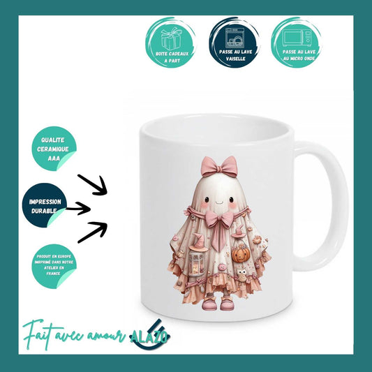 Mug Fantôme Kawaii avec Nœud Rose et Citrouille