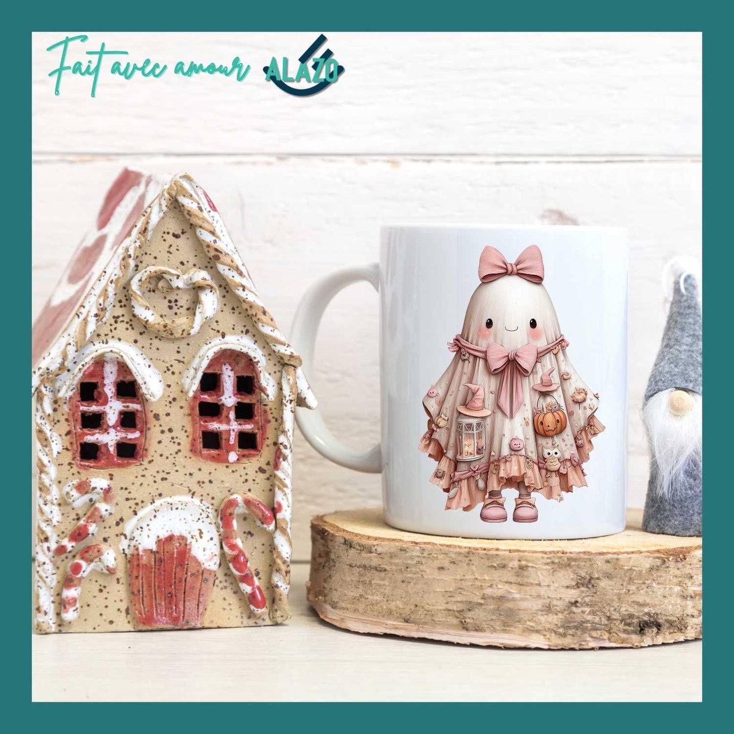 Mug Fantôme Kawaii avec Nœud Rose et Citrouille