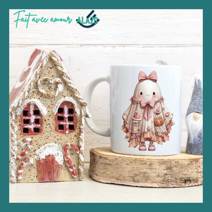 Mug Fantôme Kawaii avec Nœud Rose et Citrouille