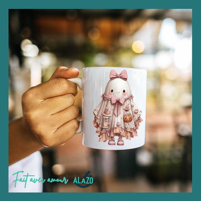 Mug Fantôme Kawaii avec Nœud Rose et Citrouille