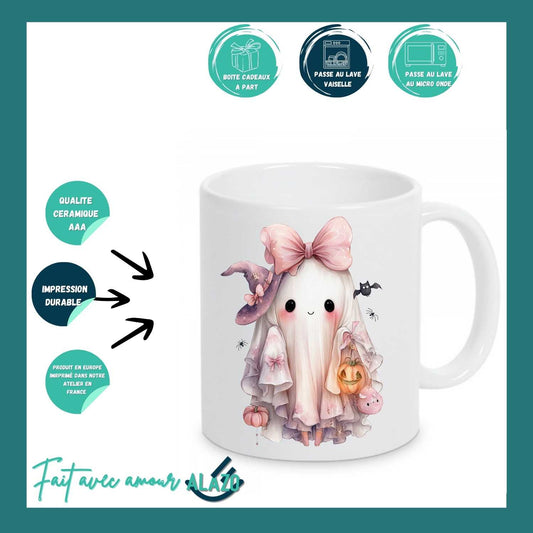 MUG  Fantôme Kawaii Rose – Édition Halloween