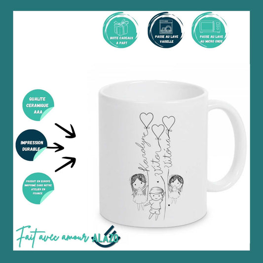 Mug Famille Ballons Cœurs avec Prénoms