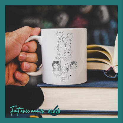 Mug Famille Ballons Cœurs avec Prénoms