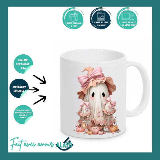 Mug Fantôme avec Chapeau Rose – Collection Halloween