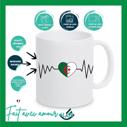 Tasse Battement de Cœur Algérie, Mug Carte, Cadeau de voyageur, Cadeau d'anniversaire, Carte Algérie, Cadeau souvenir