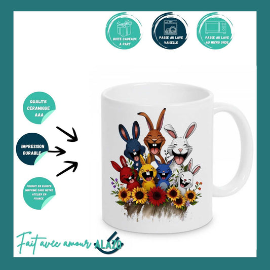 Mug Lapins Rigolos & Fleurs – Design Coloré et Joyeux
