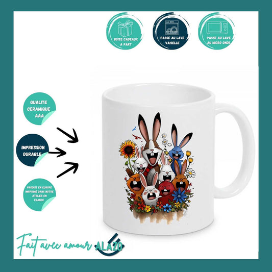 Mug Lapins Rigolos & Fleurs Colorées – Design Fun et Original