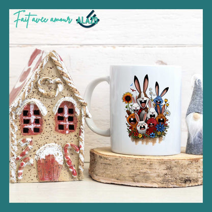 Mug Lapins Rigolos & Fleurs Colorées – Design Fun et Original