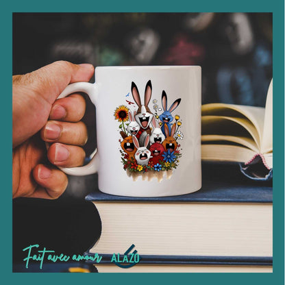 Mug Lapins Rigolos & Fleurs Colorées – Design Fun et Original