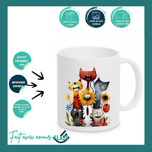 Mug Chats Rigolos et Fleurs – Design Coloré et Original